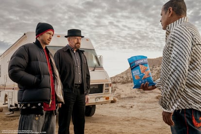This photo provided by Frito-Lay shows Aaron Paul, Bryan Cranston and Raymond Cruz in scene from PopCorners 2023 Super Bowl NFL football spot.