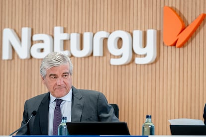 El presidente de Naturgy, Francisco Reynés, en la rueda de prensa celebrada hoy en la sede de la compañía, en Madrid.