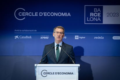 El líder de PP, Alberto Núñez Feijóo, interviene durante la última jornada de la 38 reunión del Cercle d’Economia, en Barcelona, a 31 de mayo de 2023.