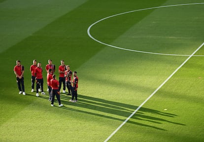 Jugadores de la selección española, en el terreno de juego. 