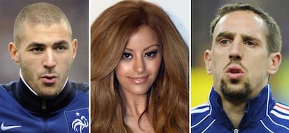 Franck Ribery, Karim Benzema y la ahora dise&ntilde;adora Zahia Deha.