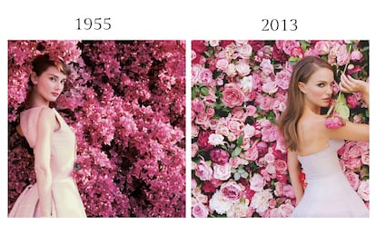 Norman Parkinson fotografi en 1955 a Audrey Hepburn rodeada de buganvillas. Seis dcadas ms tarde, Tim Walker retrata a Natalie Portman, tambin con vestido rosa, para la campa?a de Miss Dior Cherie en 2013.