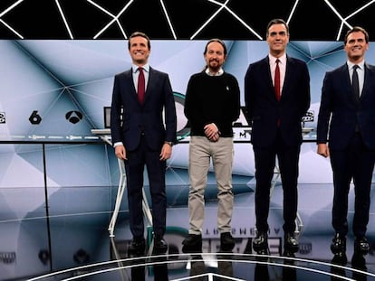 Pablo Casado, Pablo Iglesias, Pedro Sánchez y Albert Rivera, durante el debate electoral de abril de 2019.