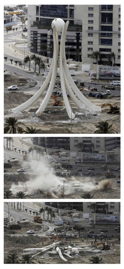 Secuencia de imágenes de la destrucción de la plaza de la Perla en Manama
