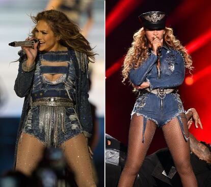 Los vaqueros cortos con detalles de cadena que usó Jennifer Lopez en Dubái en marzo de 2014, también fueron fuente de inspiración para Beyoncé, quien los visitó en una actuación en julio de 2014.
