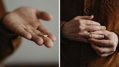 Dos de los anillos familiares que fundió la pareja. A la izquierda, la alianza de boda de la madre de Euan, cuya tipografía copiaron en su honor.