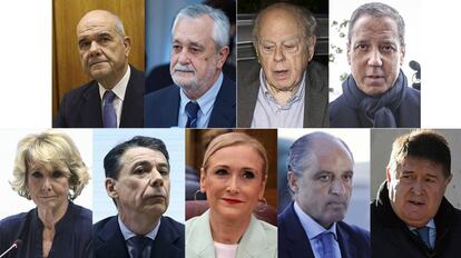 De izquierda a derecha y de arriba a abajo: Manuel Chaves, José Antonio Griñán, Jordi Pujol, Eduardo Zaplana, Esperanza Aguirre, Ignacio González, Cristina Cifuentes, Francisco Camps y José Luis Olivas.