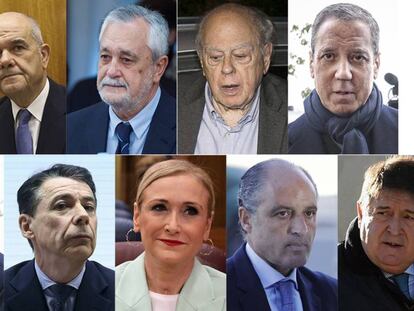 De izquierda a derecha y de arriba a abajo: Manuel Chaves, José Antonio Griñán, Jordi Pujol, Eduardo Zaplana, Esperanza Aguirre, Ignacio González, Cristina Cifuentes, Francisco Camps y José Luis Olivas.