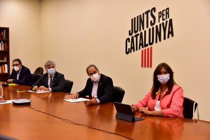 Quim Torra, durante la reunión presencial y telemática de los diputados y senadores de Junts per Catalunya.