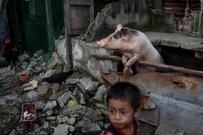 Muchos de los filipinos de Anibong que perdieron sus hogares hace un año debido al paso del tifón Yolanda viven entre las ruinas después de la catástrofe.