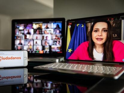 La presidenta de Ciudadanos, Inés Arrimadas, durante una reunión telemática de la ejecutiva nacional del partido.