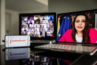 La presidenta de Ciudadanos, Inés Arrimadas, durante una reunión telemática de la ejecutiva nacional del partido.