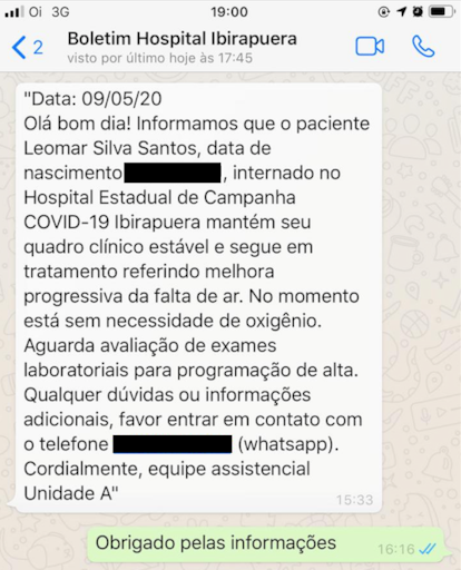 Boletim médico enviado por mensagem de celular para a família de Leomar. 