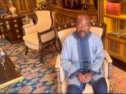 This video grab shows Gabon President Ali Bongo Ondimba sitting in his residence in Libreville, Gabon, Wednesday Aug. 30, 2023. Mutinous soldiers speaking on state television announced that they had seized power in and were overturning the results of a presidential election that was to extend the Bongo family's 55-year hold on power. (BTP advisers on behalf of the President's Office via AP)