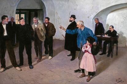 ‘El sátiro’ (1908), de Fillol Granell. Inspirado en un hecho real, el cuadro retrata una niña pequeña que, entre un grupo de hombres, identifica a su violador.