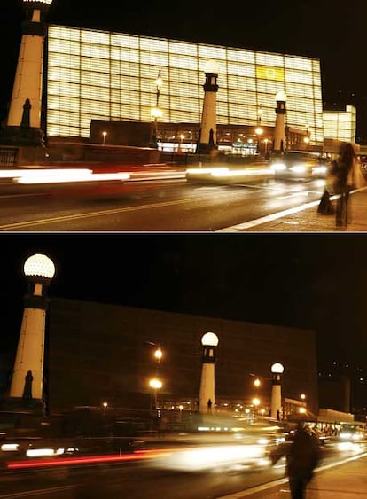 El emblemático edificio Kursaal de San Sebastián se animó hoy a sumarse al apagón de luz de cinco minutos.