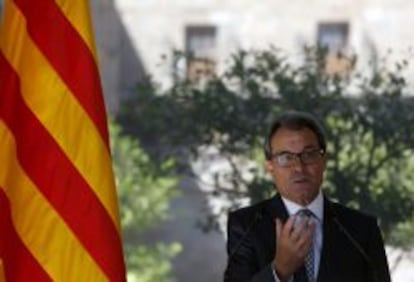 El presidente catal&aacute;n, Artur Mas, durante la comparecencia que ha realizado hoy en la Galer&iacute;a G&oacute;tica del Palau de la Generalitat para valorar el resultado del refer&eacute;ndum de independencia de Escocia.