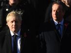 Prime Minister Boris Johnson and former prime minister David Cameron during the Remembrance Sunday service at the Cenotaph memorial in Whitehall, central London. (Photo by Victoria Jones/PA Images via Getty Images)