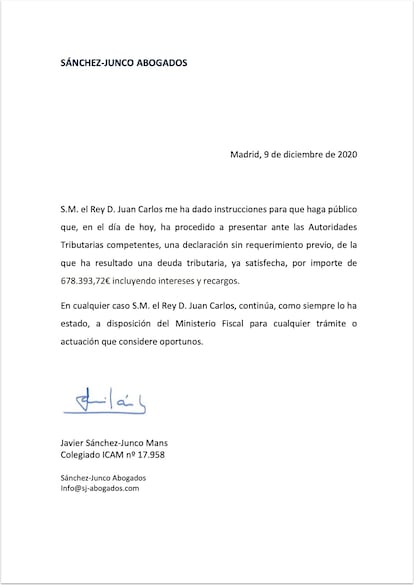 Nota regularización fiscal Juan Carlos I