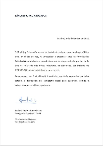 Nota del abogado del rey emérito sobre la primera regularización.