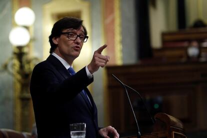 El ministro de Sanidad, Salvador Illa, durante su intervención en el pleno del Congreso que este jueves debate y vota la prórroga del estado de alarma durante seis meses.