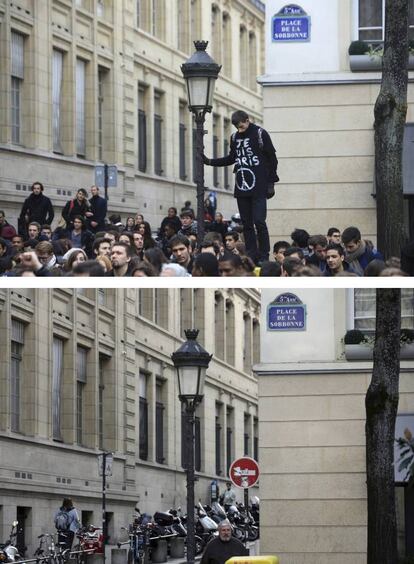 En la parte superior, un hombre con una camiseta con las palabras 'Soy París', durante un minuto de silencio en honor a las víctimas, el 16 de noviembre de 2015. En la parte inferior, personas paseando por el mismo sitio, el 8 de noviembre de 2016.
