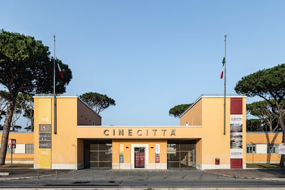 The iconic entrance to Cinecittà studios, southeast of Rome.