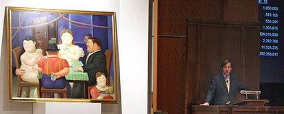 La obra de Botero <i>Jugadoras de cartas II</i>, durante la subasta de este lunes en Sotheby's.