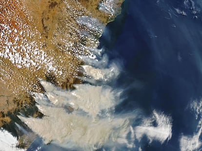 El humo de los incendios lleva compuestos hasta la estratosfera que reaccionan con el cloro, destruyendo el ozono. En la imagen, la costa este australiana, ardiendo en enero de 2020