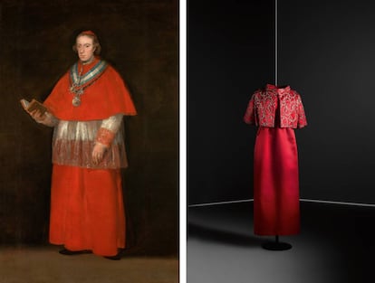 A la izda. 'El cardenal don Luis María de Borbón y Vallabriga', hacia 1800. Francisco de Goya. A la dcha. Vestido y chaqueta de satén, hilos metálicos, lentejuelas y mostacillas. 1960. Cristóbal Balenciaga. |