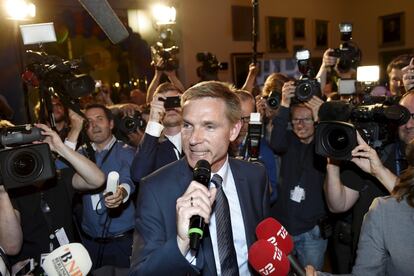 El líder del partido danés Kristian Thulesen Dahl en una intervención pública tras hacerse públicos los resultados de las elecciones en Dinamarca el pasado 18 de junio