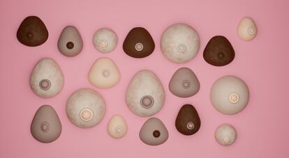 3d image of multiethnic breasts on pink background, breast cancer concept