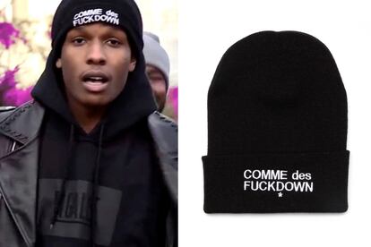 El rapero A$ap Rocky no se quita su gorro de Comme des Fuckdown, una parodia de Ssur de la firma Comme des Garçons de Rei Kawakubo (26 euros).