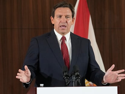 Florida Gov. Ron DeSantis speaks at a news conference on Jan. 26, 2023, in Miami.