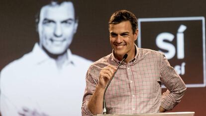 El precandidato a la secretaria general del PSOE,Pedro Sánchez, en un acto en Palma.