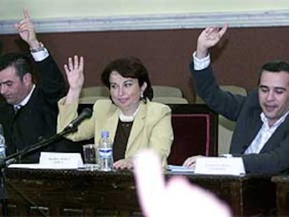 Rosa Díaz, entre Ignacio Mena y Manuel Reyna, durante la votación de ayer en el pleno de Estepona.
