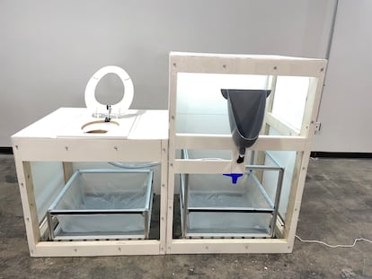 Prototype of an iThrone toilet. The bag into which the waste falls is made of a material that evaporates it. Image provided by Fundación Mapfre.