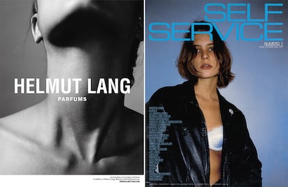 La modelo Loulou Robert fotografiada por Ezra Petronio para Helmut Lang Parfums y la primera portada de Self Service, con la modelo Hélène Fillières.