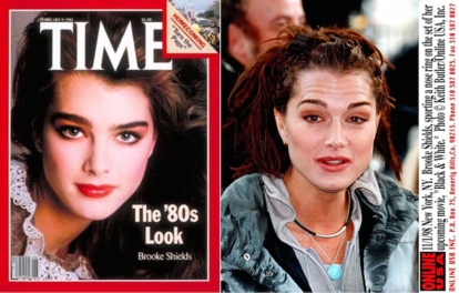 Brooke Shields en la portada de ‘Time’ que encumbró su mirada vs Brooke Shields en lo 90 sucumbiendo a la tendencia de la ceja ultrafina.