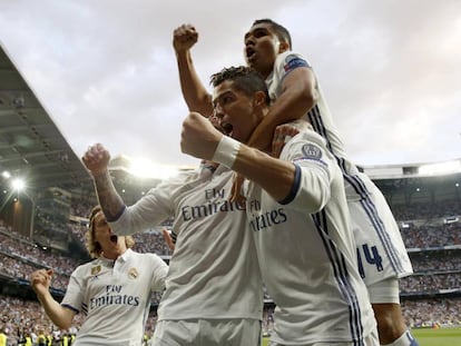 Cristiano Ronaldo celebra su primer gol frente al Atlético de Madrid.