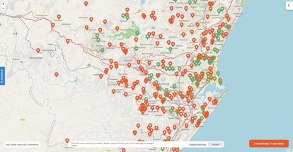 Puntos afectados por las inundaciones en Durban. El llamado 'Crisis Map', desarrollado por Black Box.