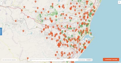 Puntos afectados por las inundaciones en Durban. El llamado 'Crisis Map', desarrollado por Black Box.