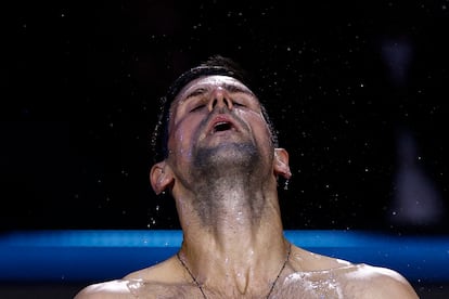 Djokovic, fatigado durante el partido contra Medvedev en el Pala Alpitour de Turín.
