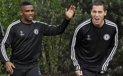 Eto'o y Hazard, en el entrenamiento del martes.  