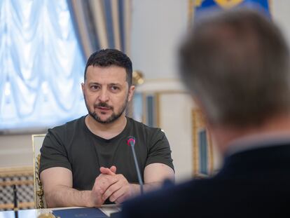 Ukrainian President Volodymyr Zelenskiy holds a meeting with British Foreign Secretary David Cameron in Kyiv, Ukraine, May 3, 2024.