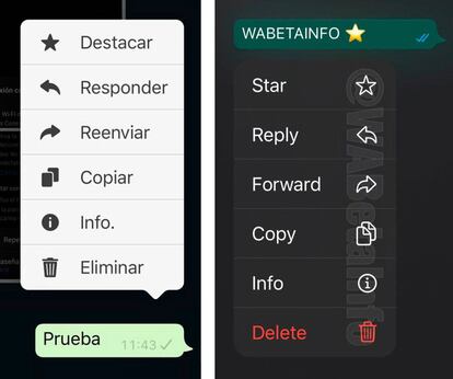 Nuevo diseño en el menú de gestión de mensajes en WhatsApp.