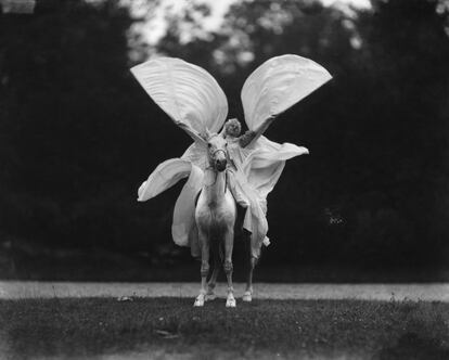 Thérèze Rentz baila 'La Loïe Fuller a caballo' en el Cirque Molier. Reimpresión de una fotografía de Louis-Jean Delton (Hijo), 1904. La imagen inspiraría un pañuelo de Hermés que también se expone.