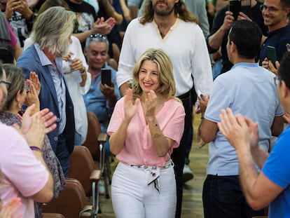 La vicepresidenta Yolanda Díaz, a su llegada a un acto de Sumar este sábado en Las Palmas de Gran Canaria.