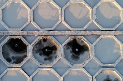 Una vista aérea muestra a los empleados que trabajan en estanques de peces para truchas y esturiones en una piscifactoría propiedad de la compañía Maltat, en el río Yenisei congelado cerca de la aldea siberiana de Primorsk en la región de Krasnoyarsk (Rusia).