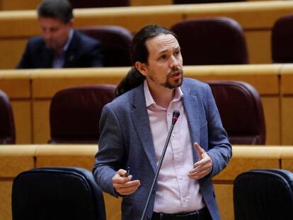 Pablo Iglesias durante la primera sesión de control al Ejecutivo que este martes en el Senado. 